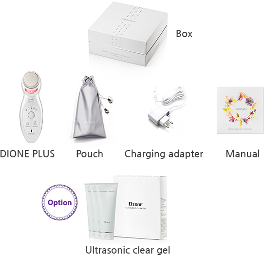 Box, DIONE PLUS, Pouch, Charging adapter, Manual, Ultrasonic clear gel